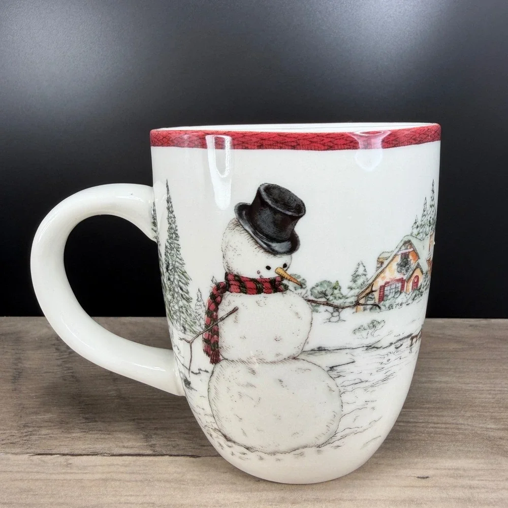 Williams Sonoma Snowman Christmas Coffee Mug Cup Winter Village Scene‎ 13OZ